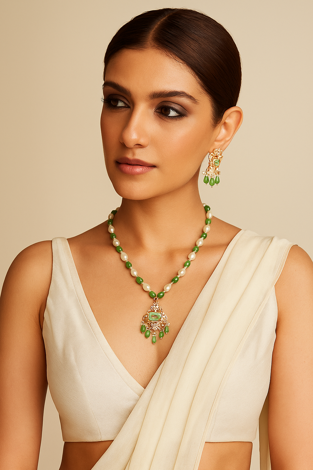 Emerald Green Kundan Necklace with Pearls and Drops
